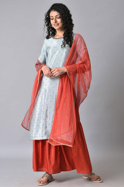 Blue &amp; Orange Embroidered kurta Sharara Set - wforwoman