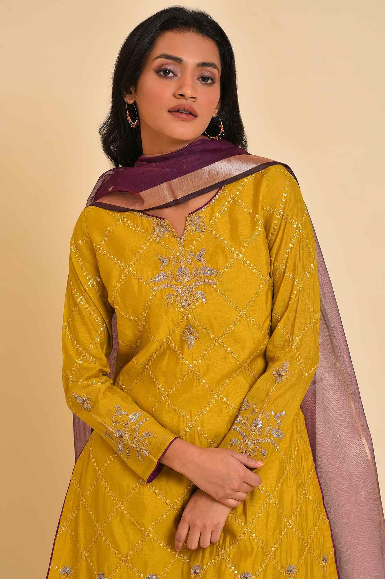 Yellow Embellished Short kurta, Culottes And Dupatta Set - wforwoman