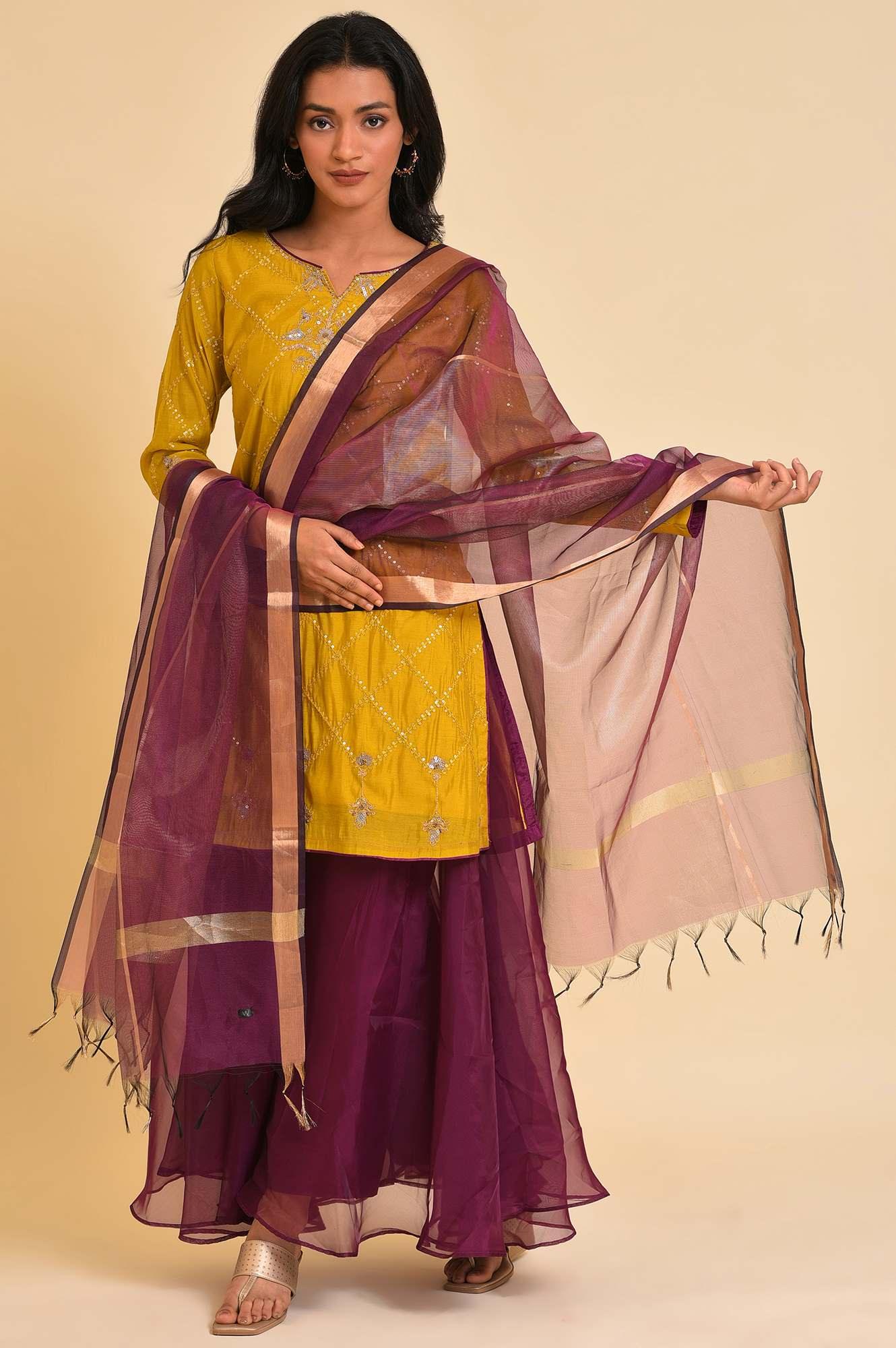 Yellow Embellished Short kurta, Culottes And Dupatta Set - wforwoman