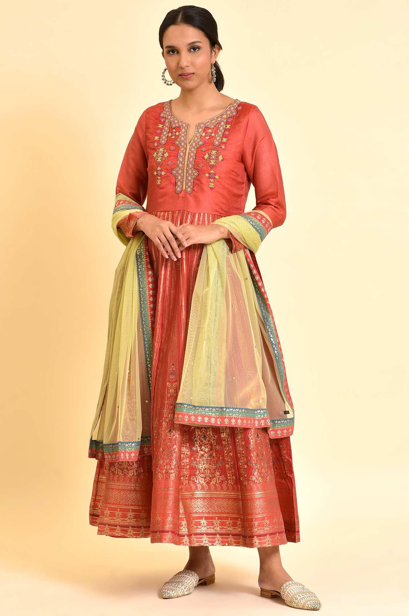 Orange Tamil Silk Embellished Dress &amp; Dupatta Set - wforwoman