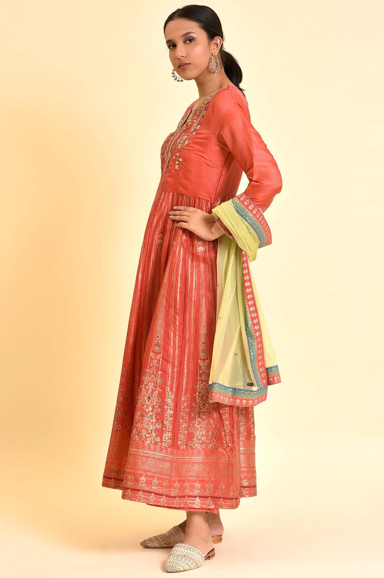 Orange Tamil Silk Embellished Dress &amp; Dupatta Set - wforwoman