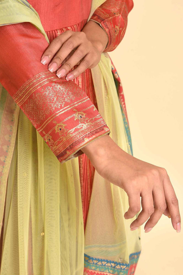 Orange Tamil Silk Embellished Dress & Dupatta Set