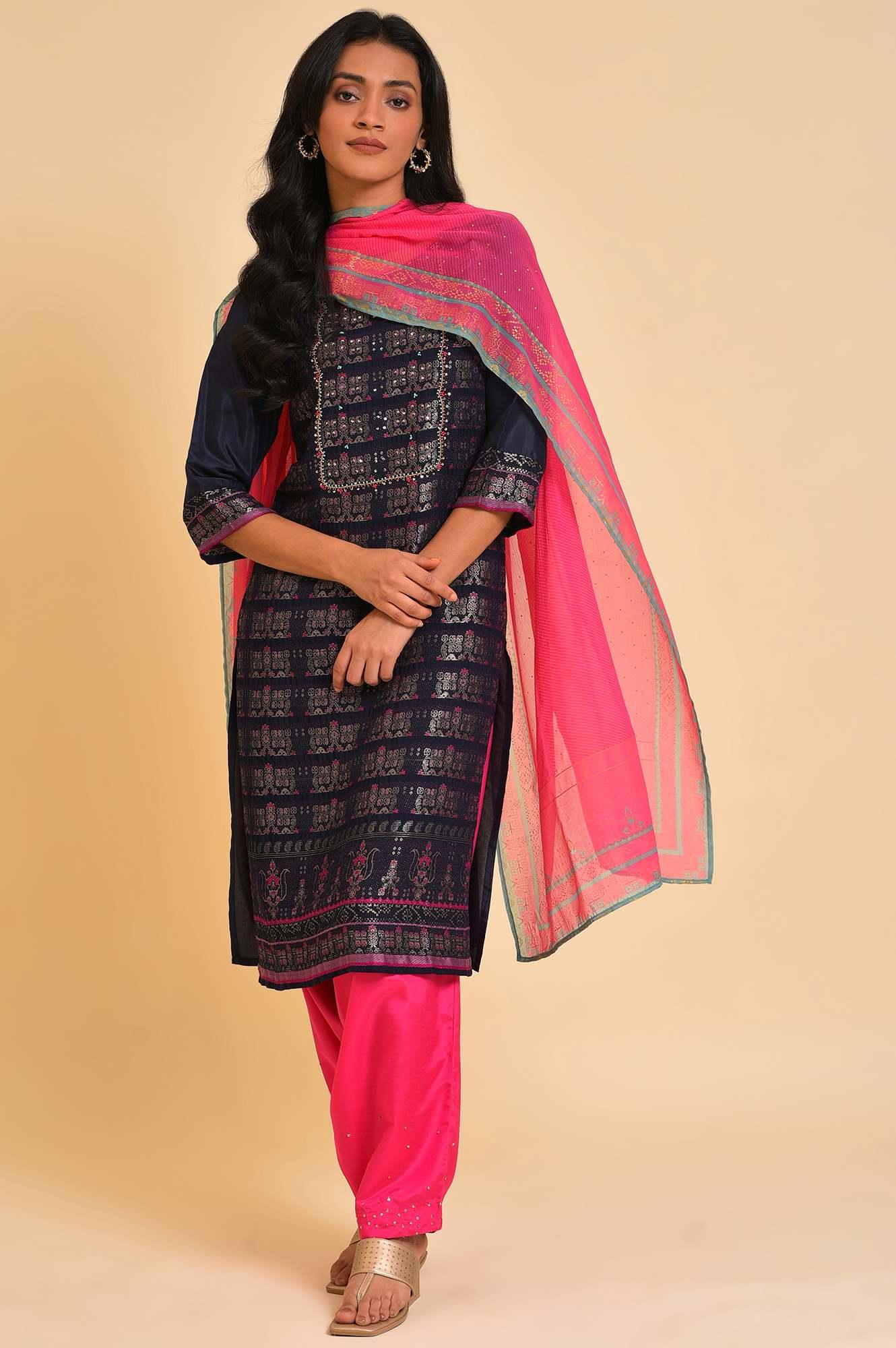 Navy Blue Festive kurta, Embroidered Salwar &amp; Dupatta - wforwoman
