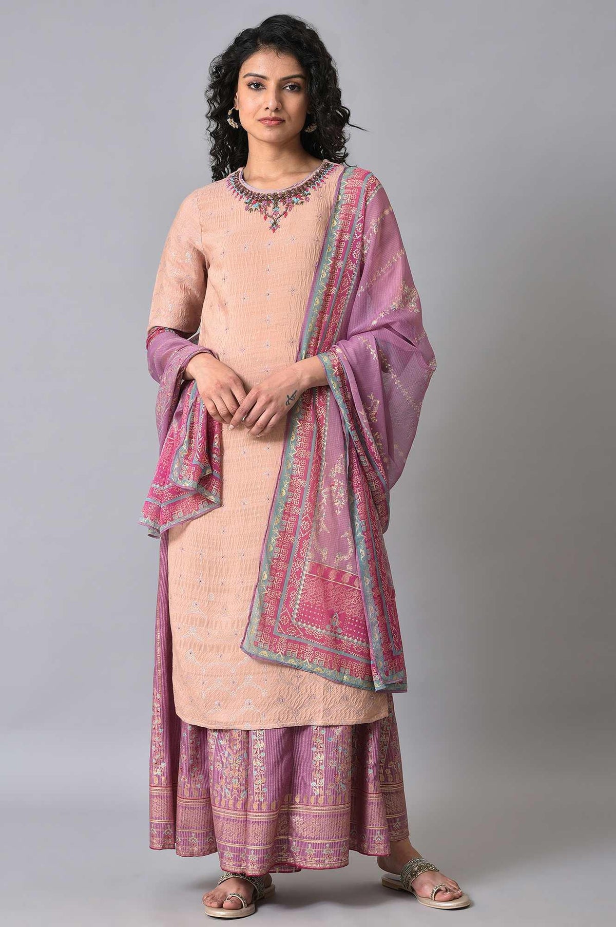 Peach Embroidered kurta With Sharara Set - XS