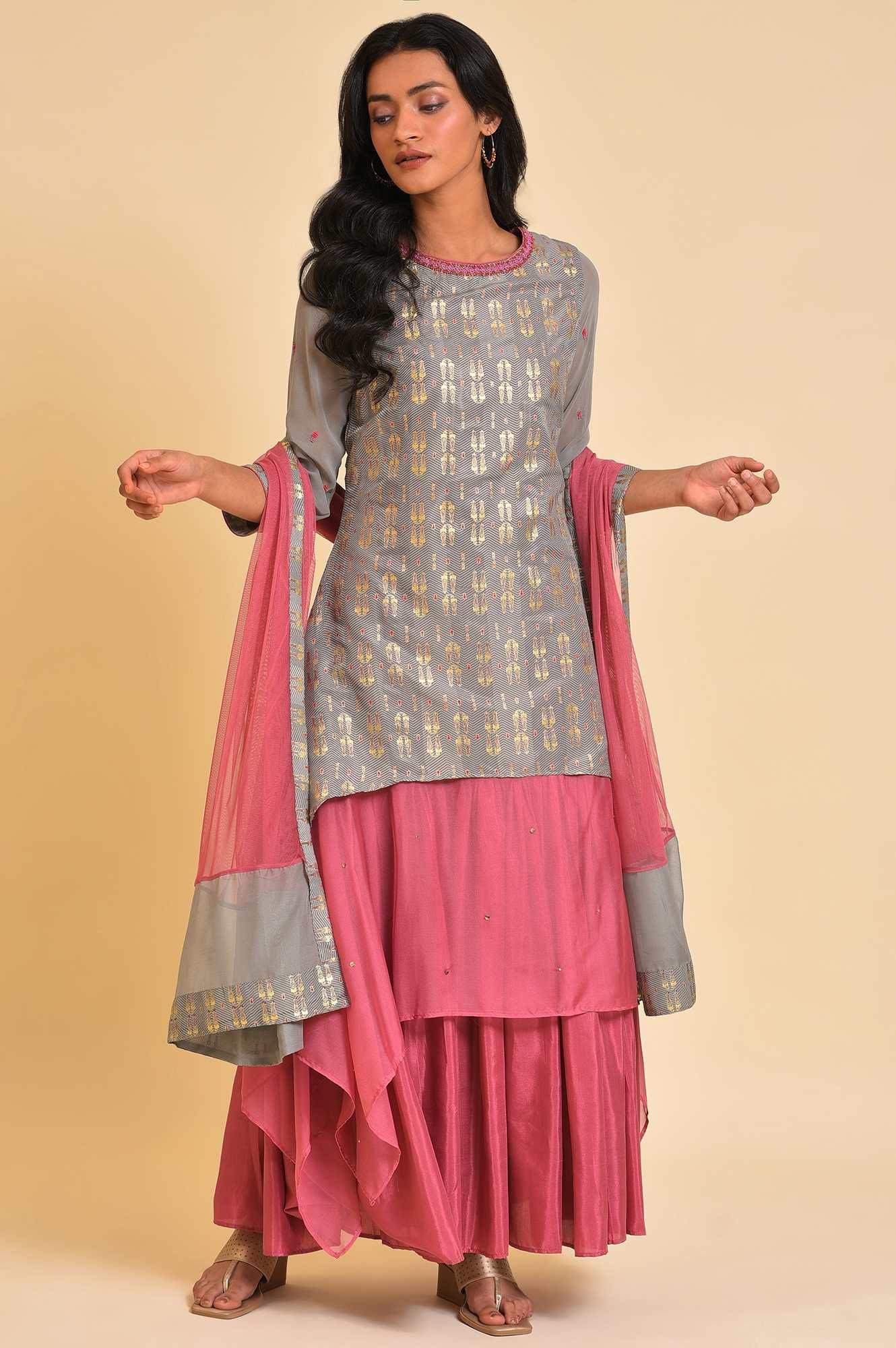 Grey And Pink Layered Asymmetric Dress &amp; Dupatta Set - wforwoman