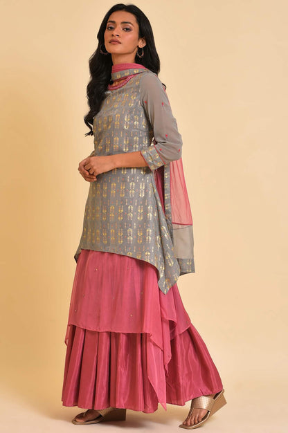 Grey And Pink Layered Asymmetric Dress &amp; Dupatta Set - wforwoman