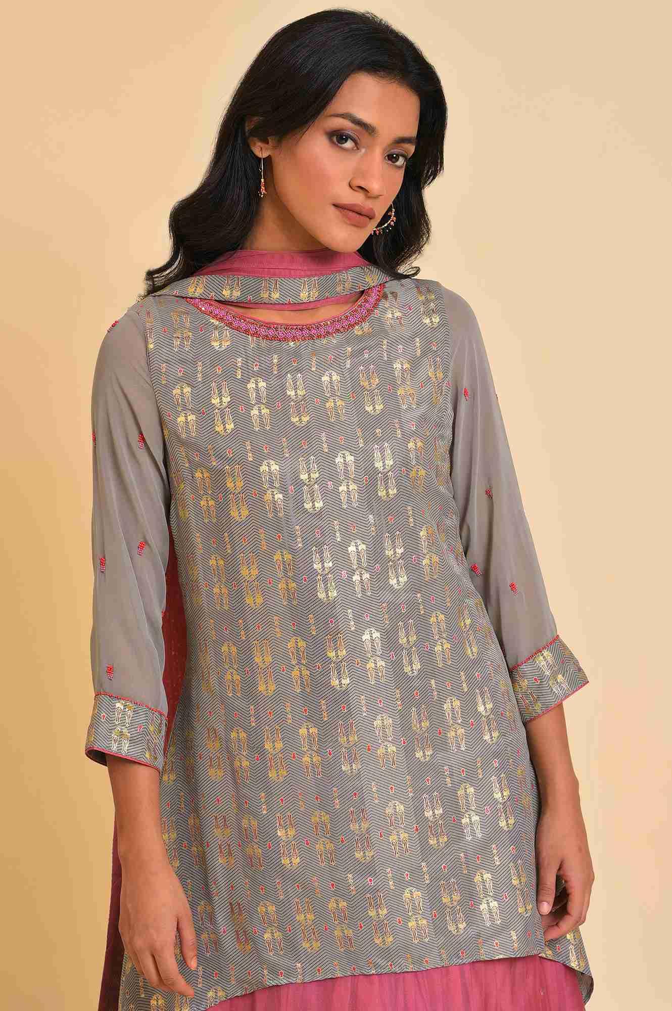 Buy Grey And Pink Layered Asymmetric Dress & Dupatta Set Online for Woman | WforWoman Buy Grey And Pink Layered Asymmetric Dress & Dupatta Set Online for Woman | WforWoman