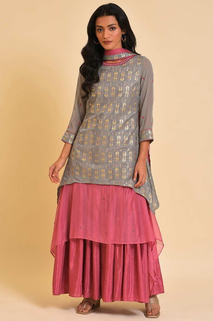 Grey And Pink Layered Asymmetric Dress &amp; Dupatta Set - wforwoman