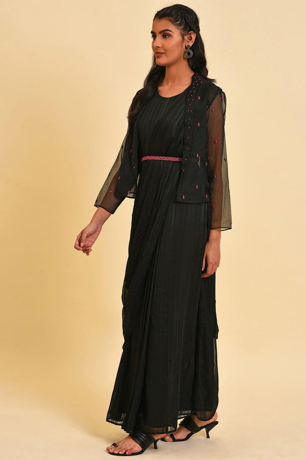 Black Festive Predrape Saree With Short Jacket