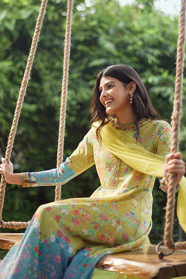 Lime Yellow Printed Long Dress & Dupatta Set