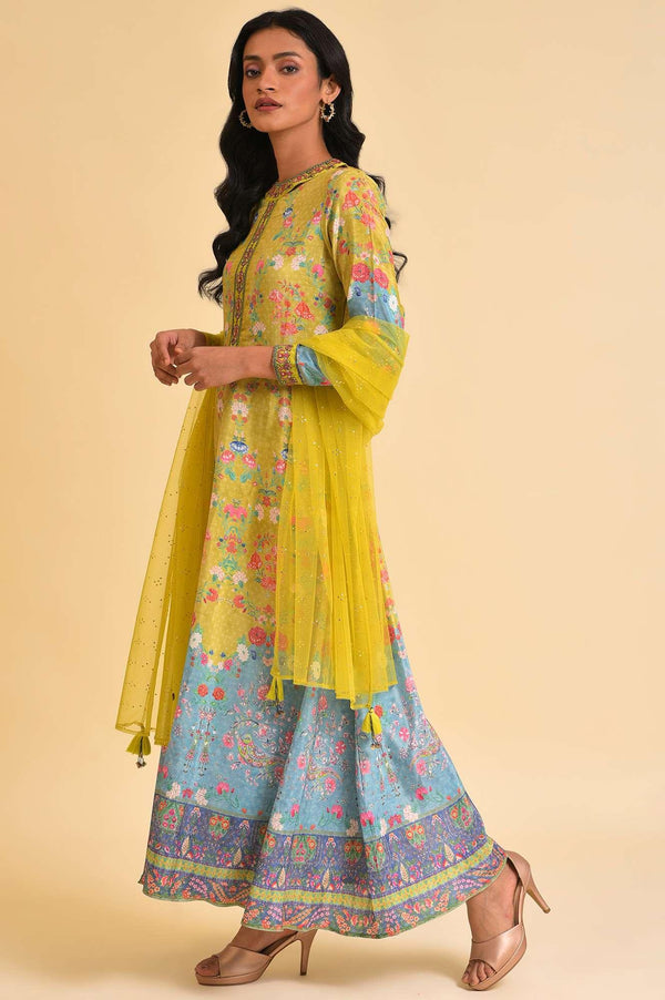 Lime Yellow Printed Long Dress & Dupatta Set