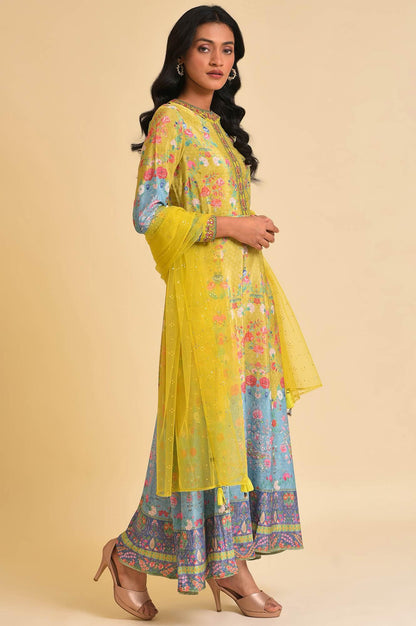 Lime Yellow Printed Long Dress &amp; Dupatta Set - wforwoman