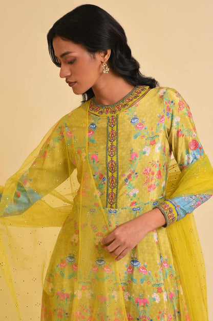 Lime Yellow Printed Long Dress &amp; Dupatta Set - wforwoman