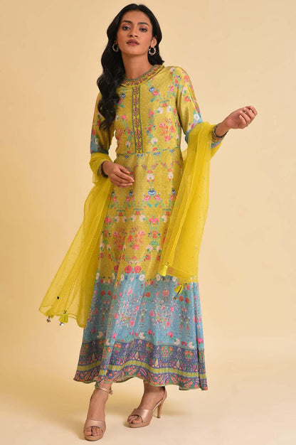 Lime Yellow Printed Long Dress &amp; Dupatta Set - wforwoman