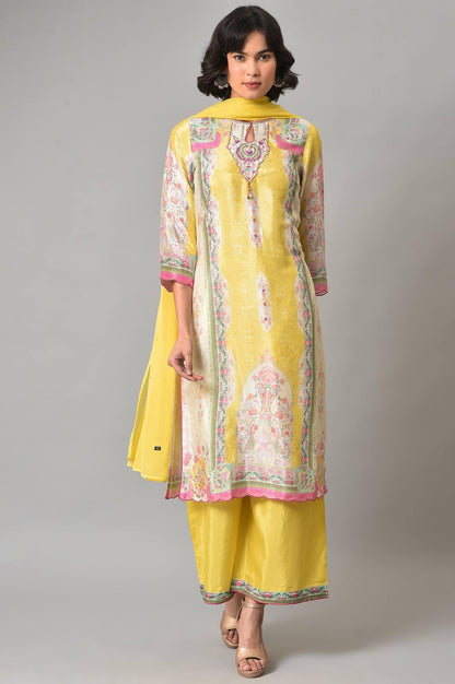 Light Yellow Printed kurta With Parallel Pants And Chiffon Dupatta - wforwoman
