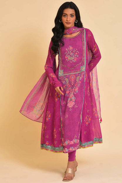 Dark Pink Sequined Anarkali kurta, Tights &amp; Dupatta Set - wforwoman