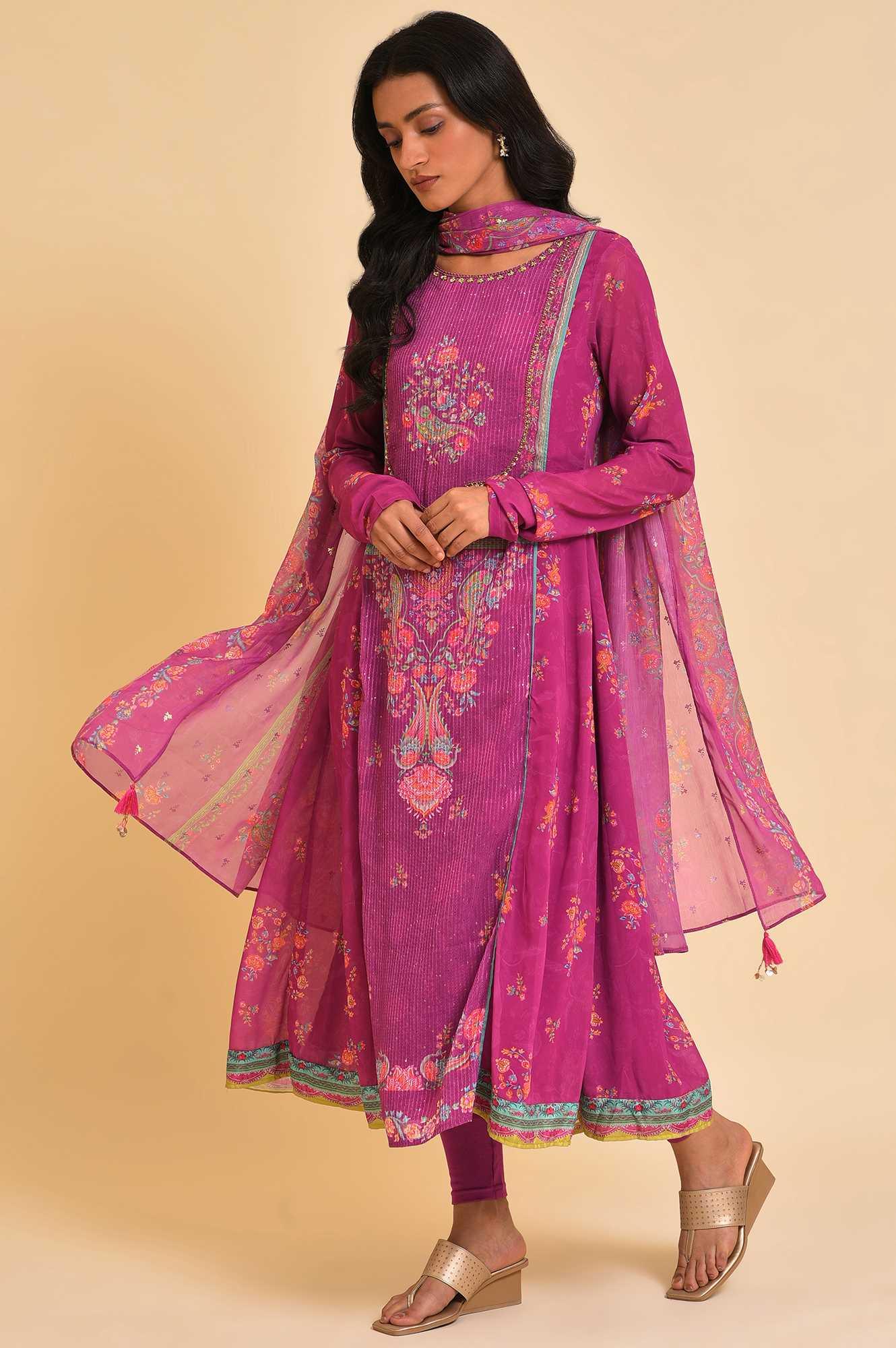 Dark Pink Sequined Anarkali kurta, Tights &amp; Dupatta Set - wforwoman
