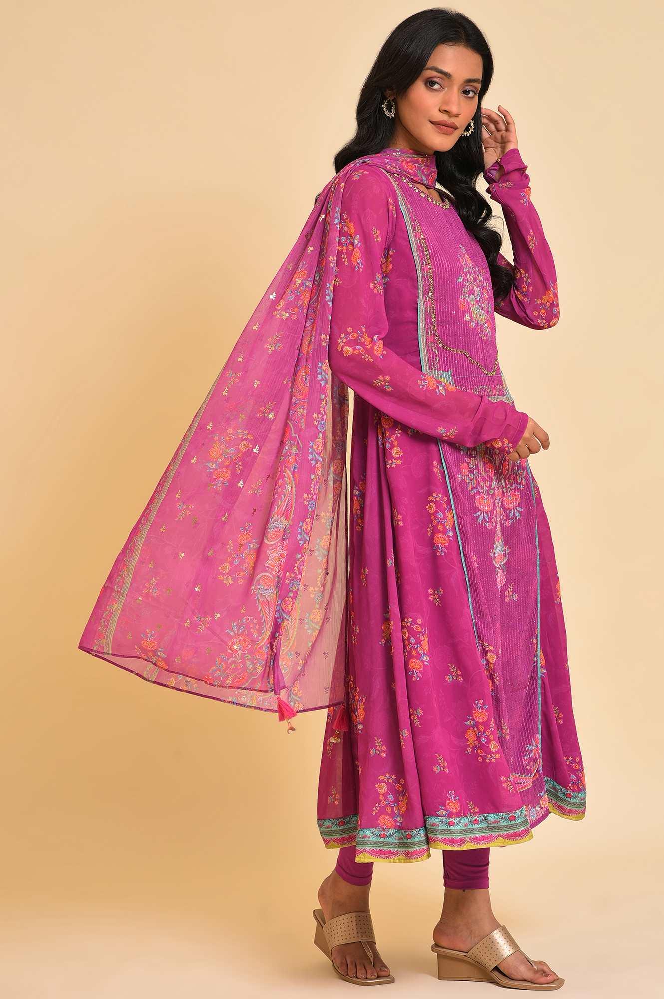 Dark Pink Sequined Anarkali kurta, Tights &amp; Dupatta Set - wforwoman