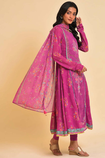 Dark Pink Sequined Anarkali kurta, Tights &amp; Dupatta Set - wforwoman
