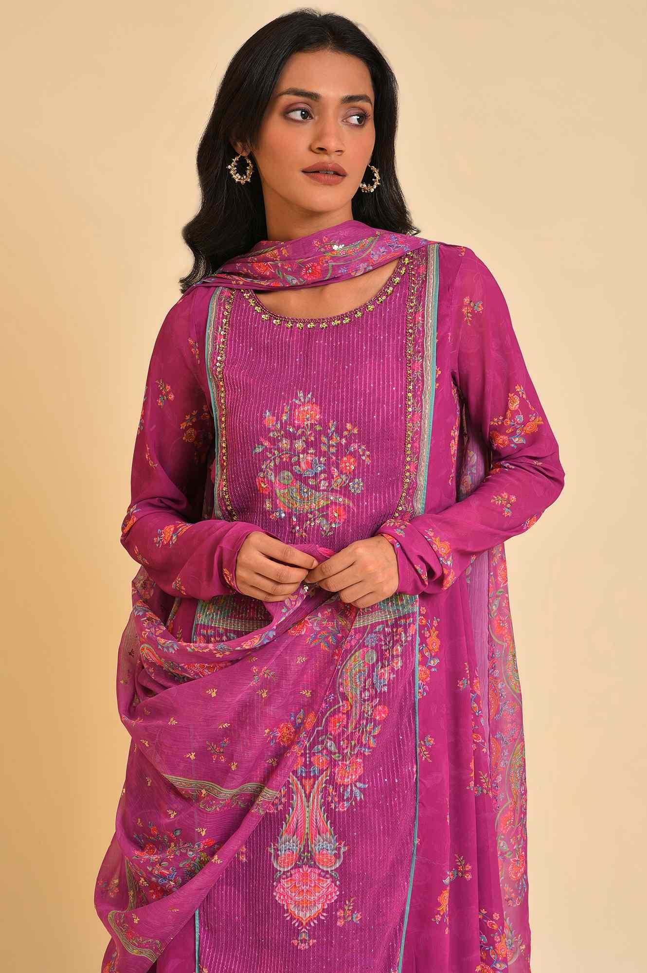Dark Pink Sequined Anarkali kurta, Tights &amp; Dupatta Set - wforwoman