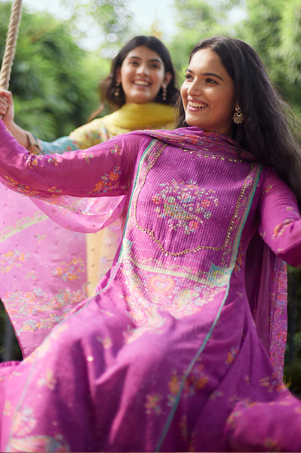 Dark Pink Sequined Anarkali kurta, Tights & Dupatta Set