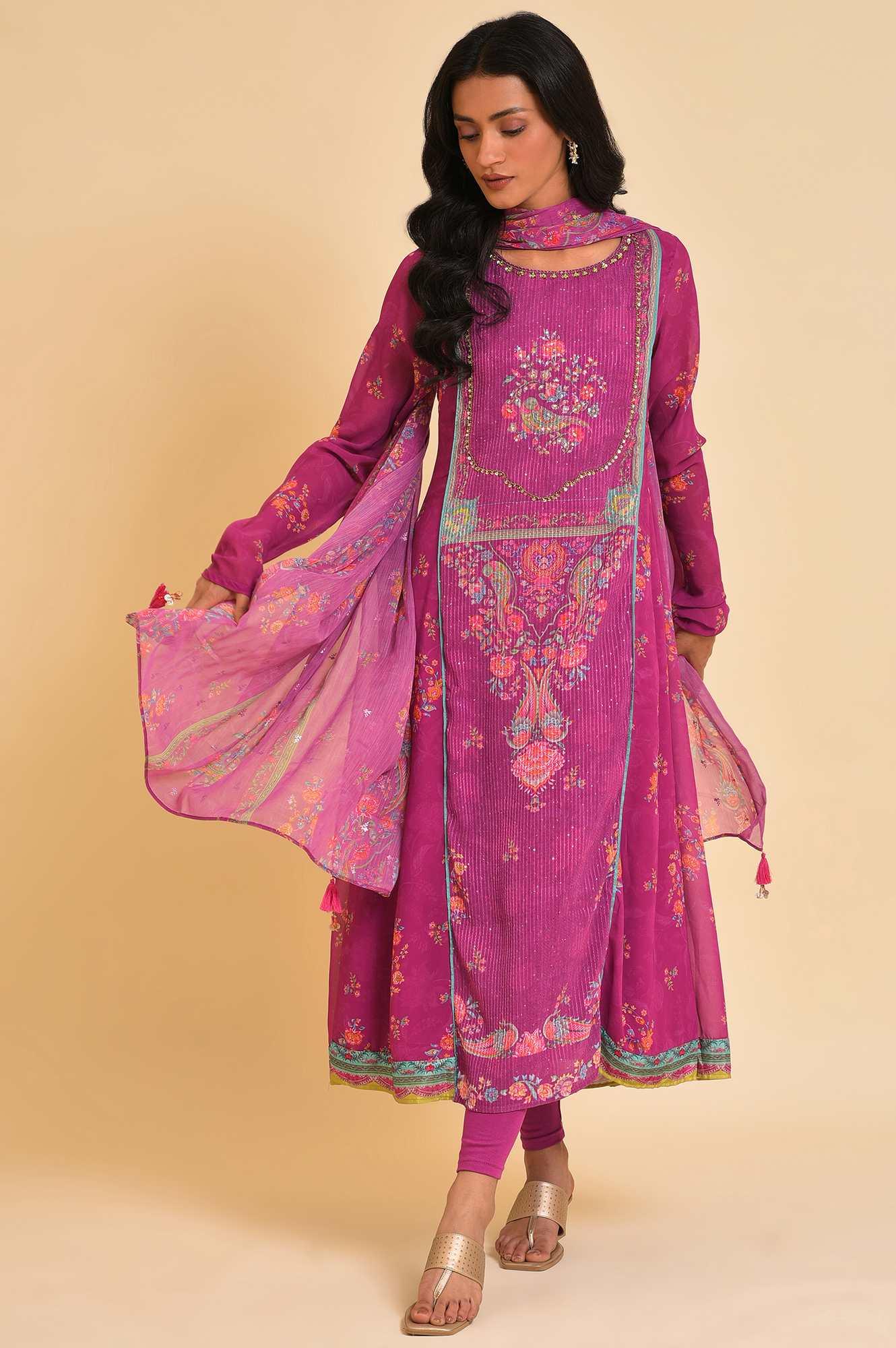 Dark Pink Sequined Anarkali kurta, Tights &amp; Dupatta Set - wforwoman