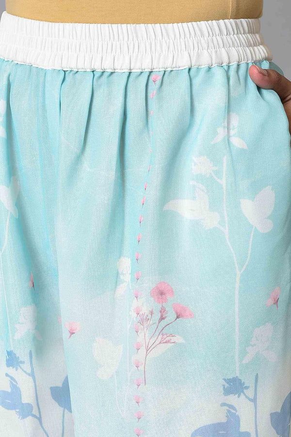 Ecru & Blue Floral Georgette kurta With Parallel Pants And Dupatta