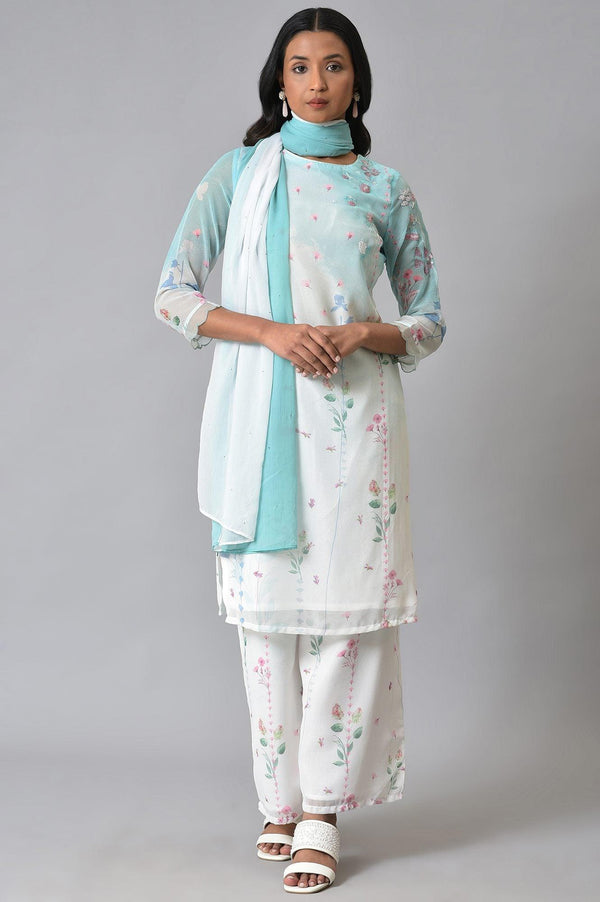 Ecru & Blue Floral Georgette kurta With Parallel Pants And Dupatta
