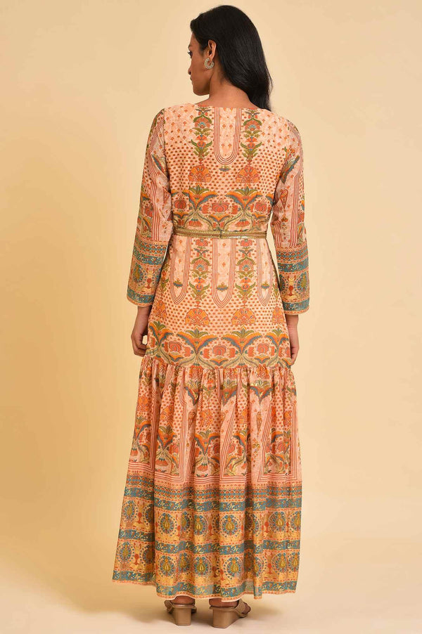 Beige Printed Tiered Dress With Embroidery