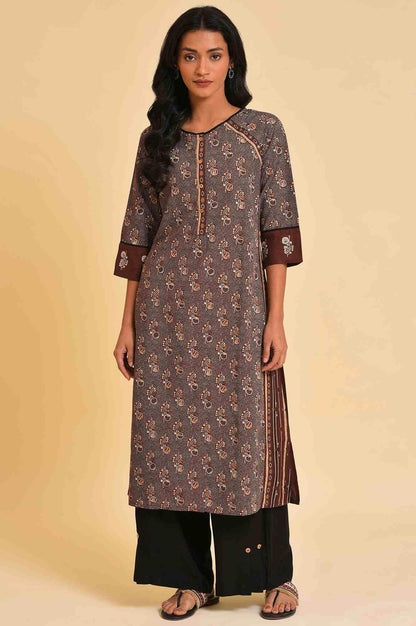 Brown Print Mix Straight kurta - wforwoman