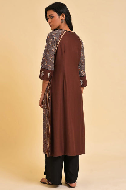 Brown Print Mix Straight kurta - wforwoman