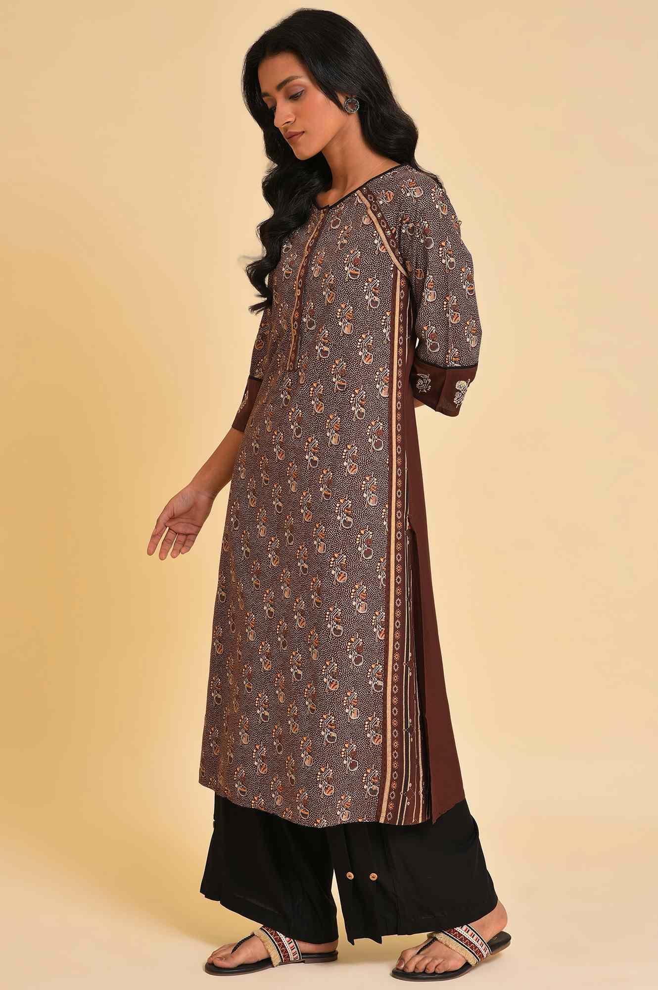 Brown Print Mix Straight kurta - wforwoman
