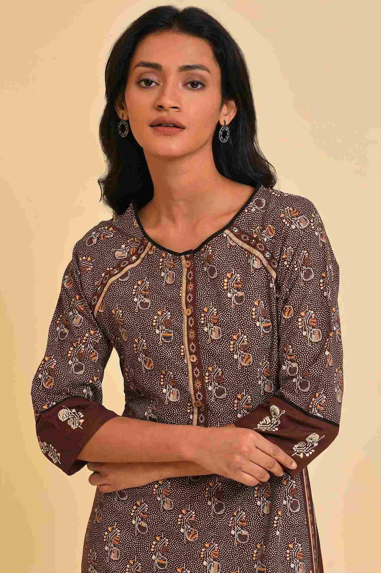 Brown Print Mix Straight kurta - wforwoman