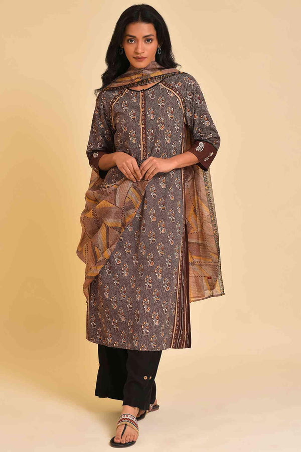 Brown Print Mix Plus Size Straight kurta
