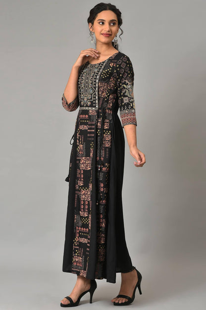 Black Printed Long Dress With Embellished Yoke - wforwoman