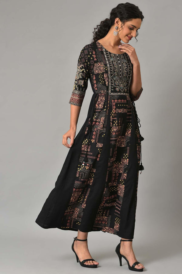 Black Printed Long Dress With Embellished Yoke