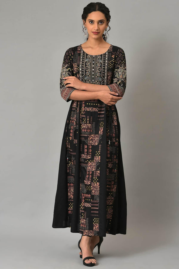 Black Printed Long Dress With Embellished Yoke