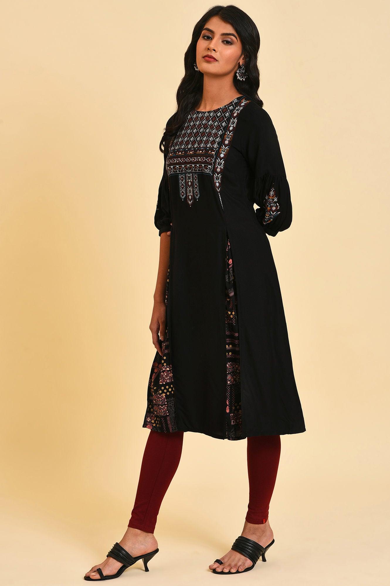 Black Godget Plus Size Tunic with Multi-coloured Embroidery - wforwoman