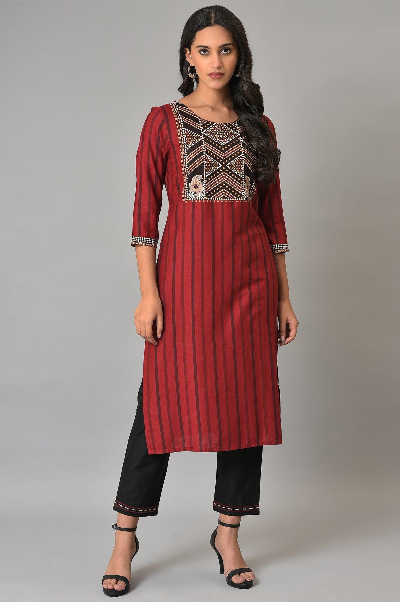Red Stripe kurta With Embellished Yoke - wforwoman