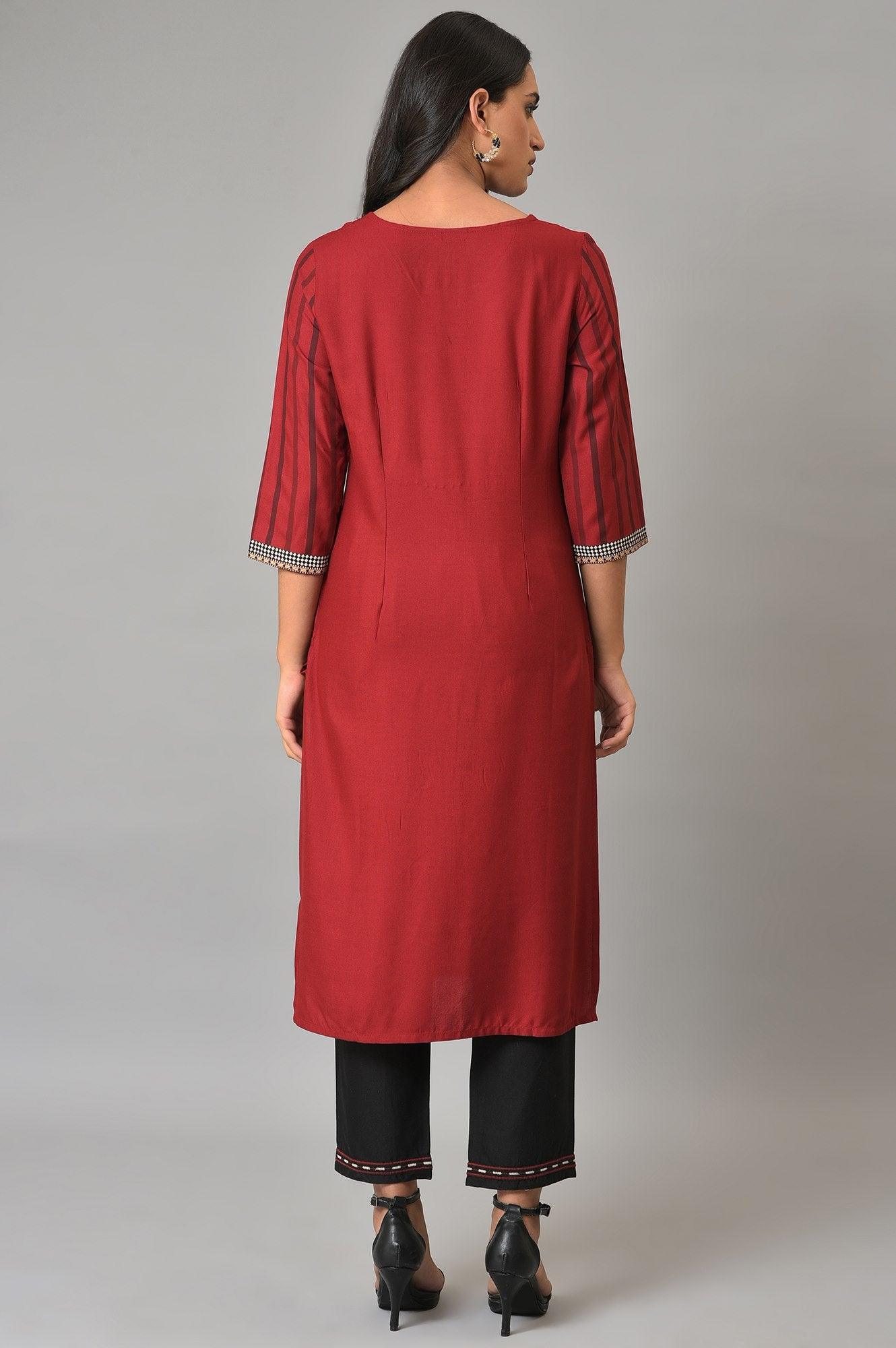 Red Stripe kurta With Embellished Yoke - wforwoman