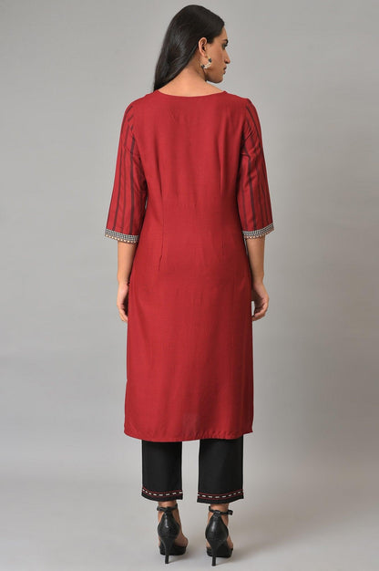 Red Stripe kurta With Embellished Yoke - wforwoman