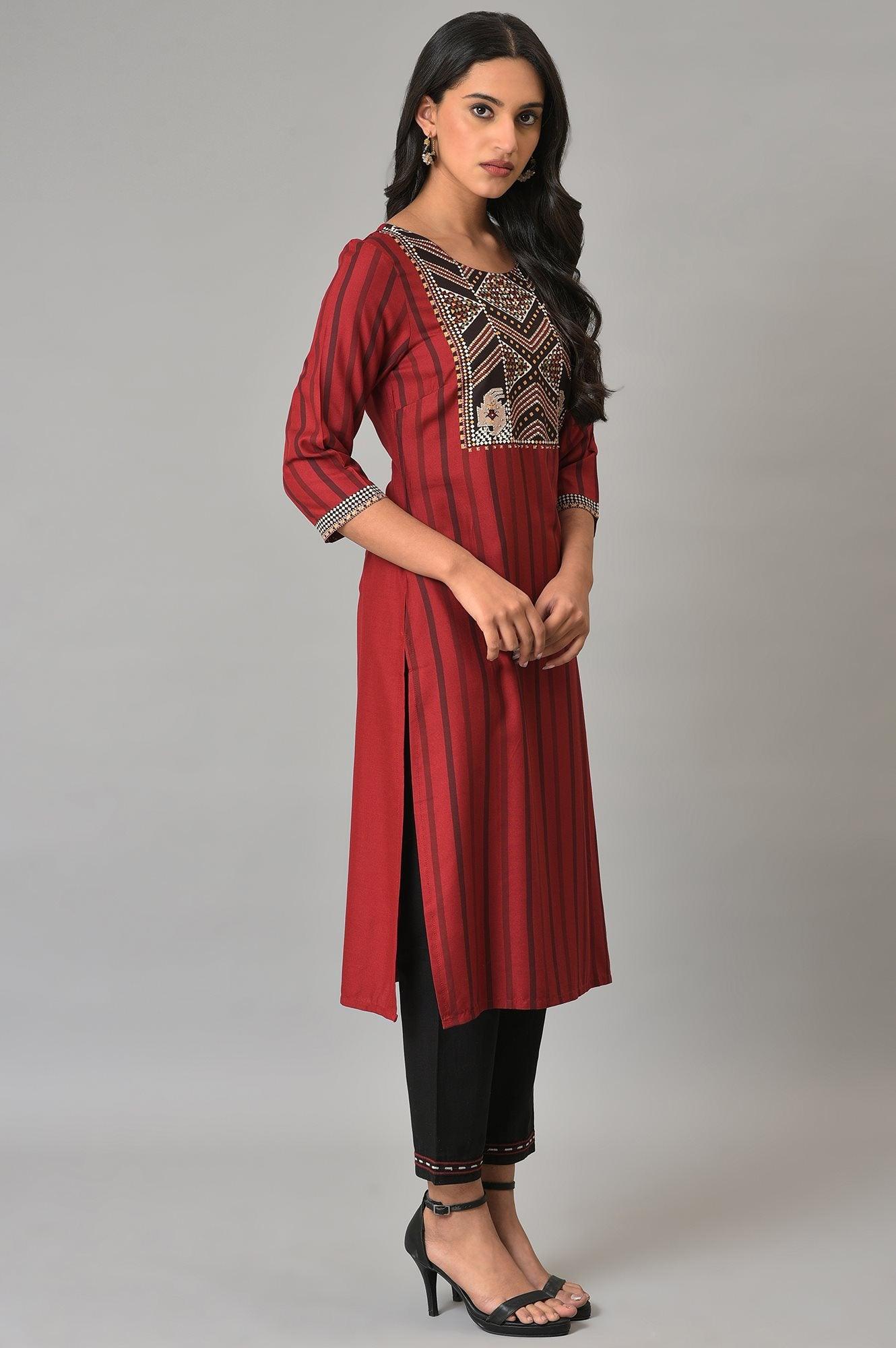 Red Stripe kurta With Embellished Yoke - wforwoman