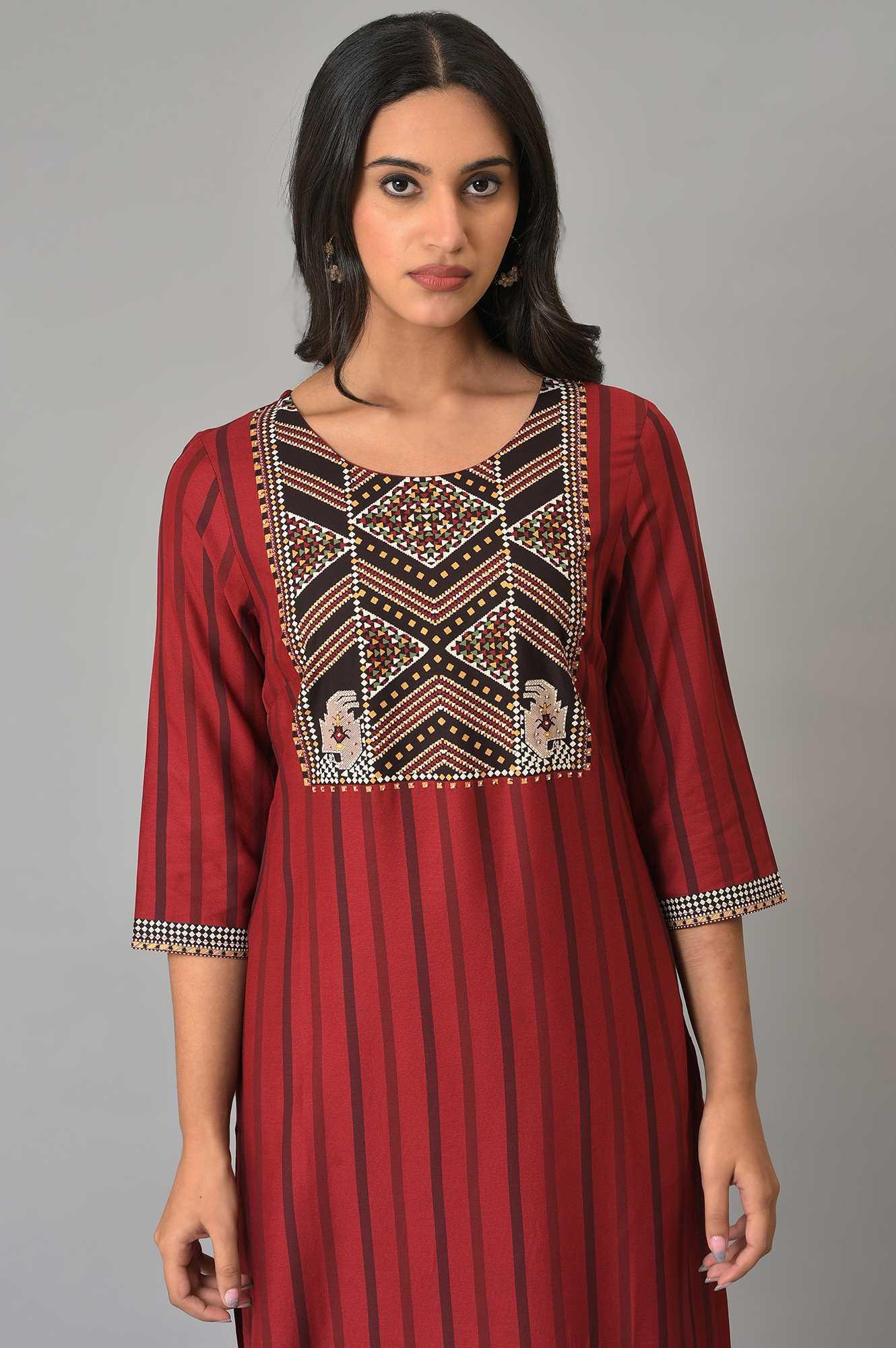 Red Stripe kurta With Embellished Yoke - wforwoman