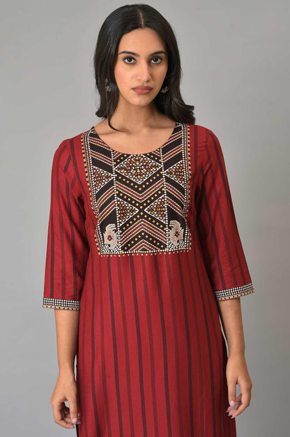 Red Stripe kurta With Embellished Yoke - wforwoman