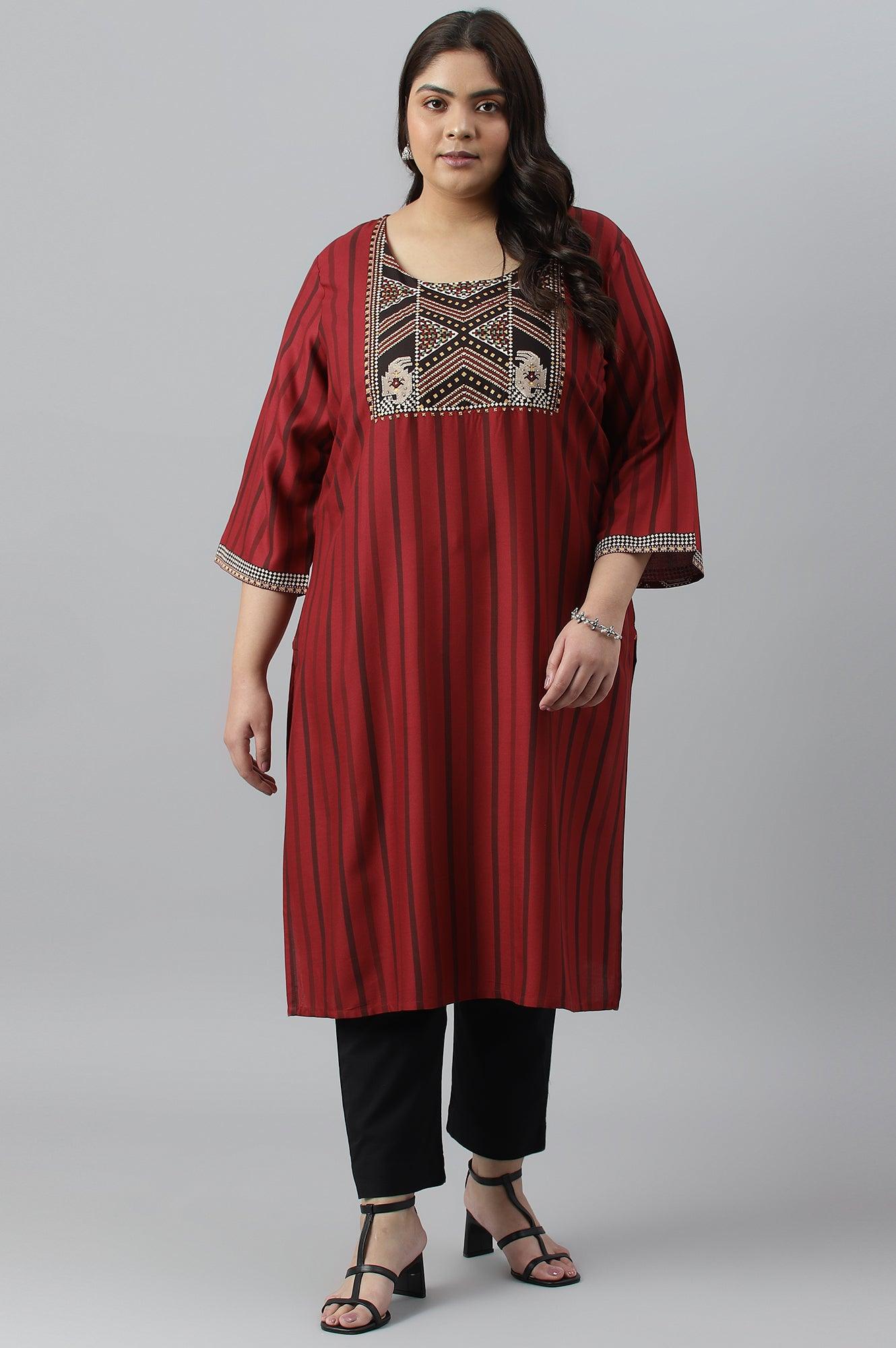 Red Stripe Print Plus Size kurta - wforwoman