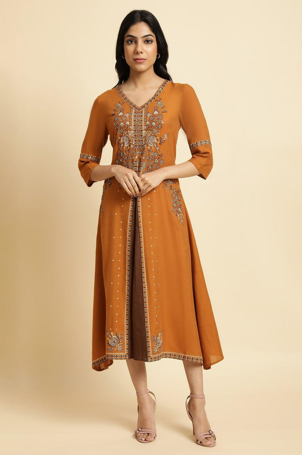 Dark Yellow Printed Plus Size Godget Dress