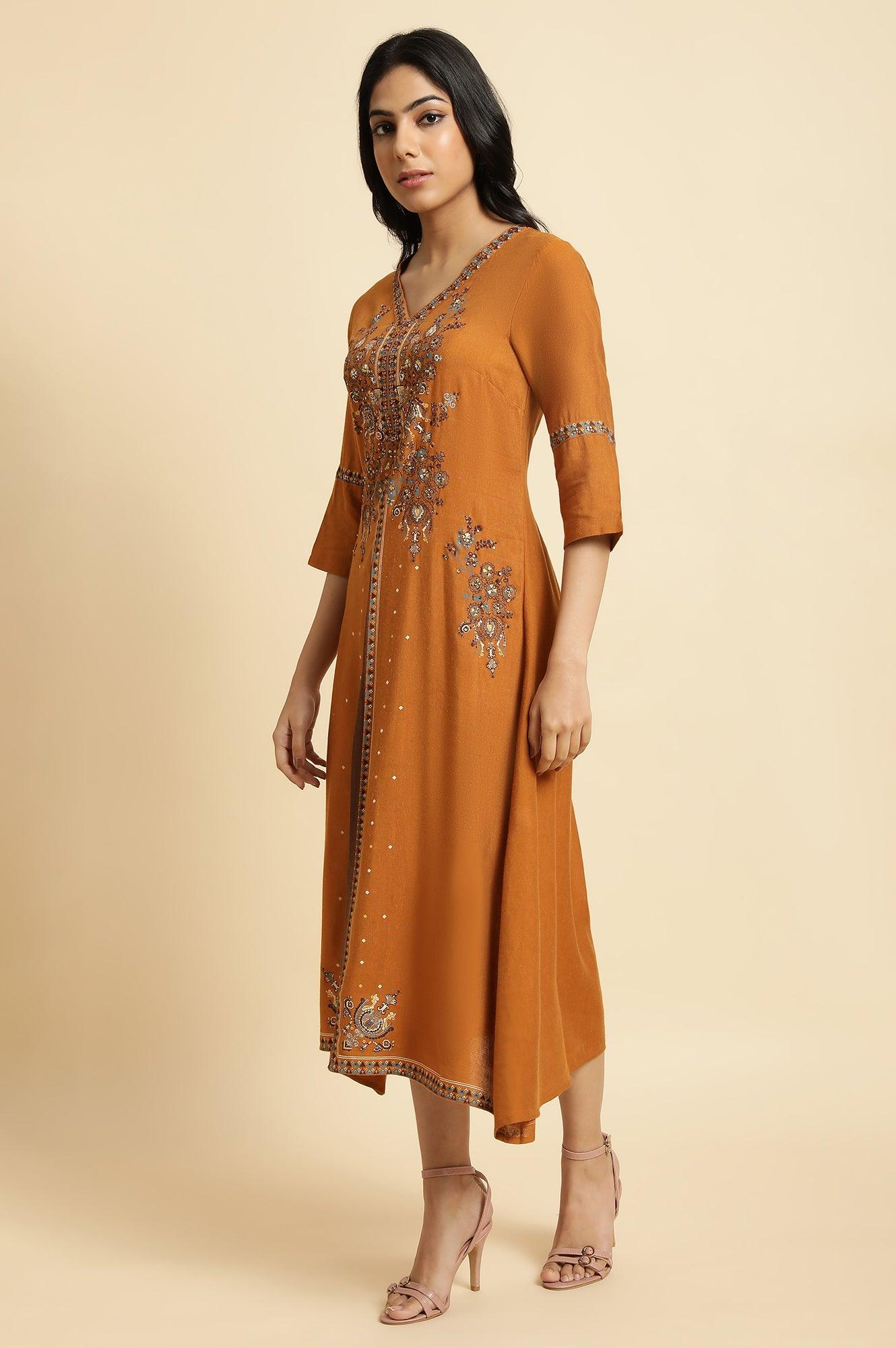 Dark Yellow Printed Plus Size Godget Dress - wforwoman