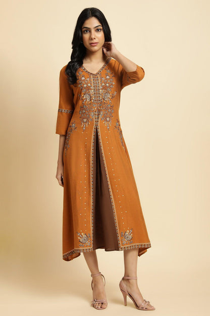 Dark Yellow Printed Godget Dress - wforwoman