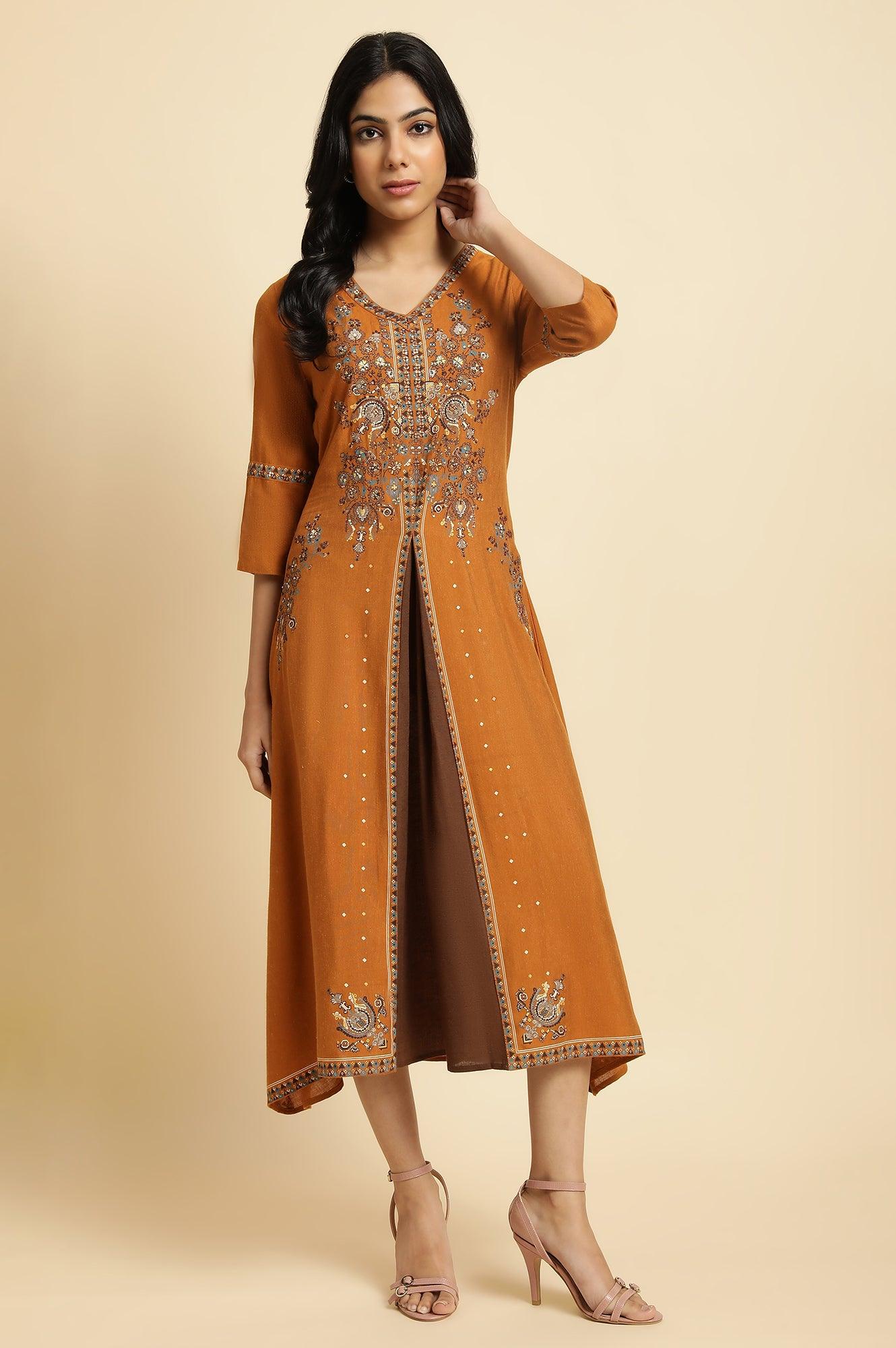 Dark Yellow Printed Plus Size Godget Dress - wforwoman