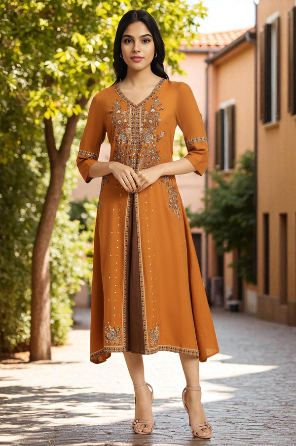 Dark Yellow Printed Godget Dress